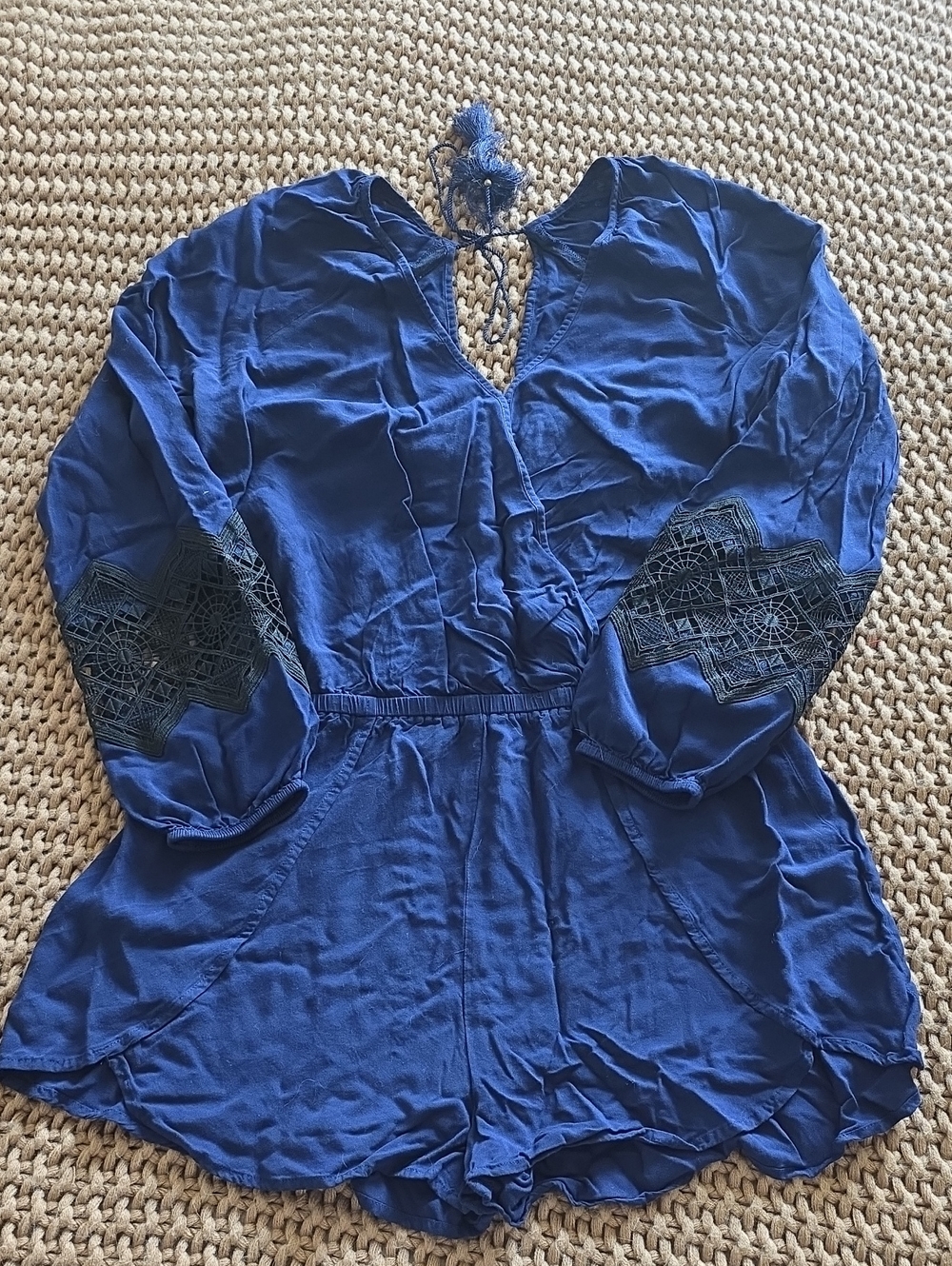 Express Royal Blue Long-Sleeve V-Neck Romper with Embroidered Elbow Panels